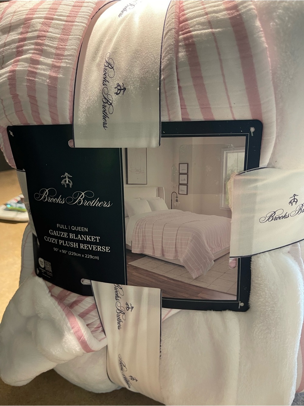 FULL/QUEEN BROOKS BROTHERS 💝 Pink Stripe Gauze Blanket with Cozy Plush Reverse
